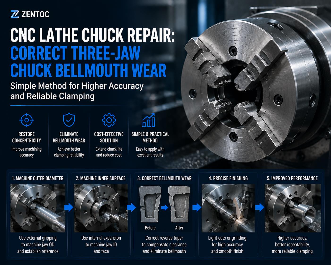 CNC Lathe Chuck Repair: Simple Method to Correct Three-Jaw Chuck Bellmouth Wear